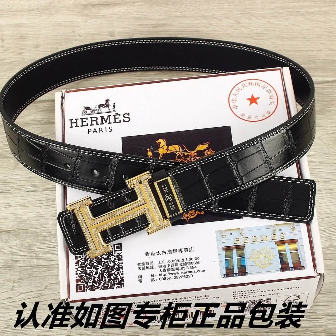 HM Original Belt 38mm Black Crocodile Pattern Gold Buckle 620264 |Hermès belt