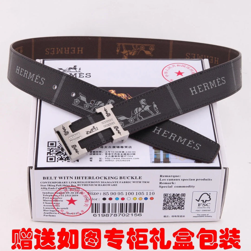 HM Constance Belt 38mm Black Brown Cowhide Sliver Buckle 620188|Hermès belt