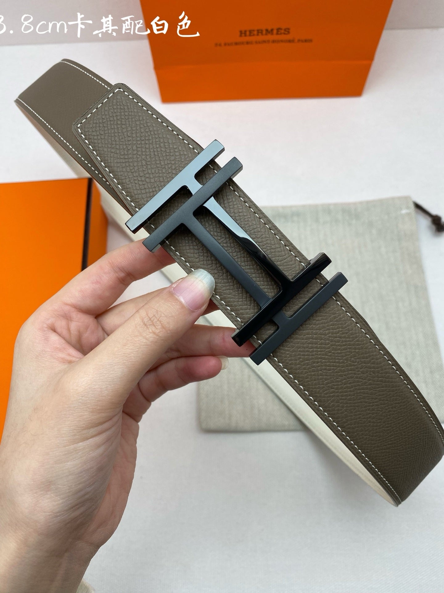 HM 3.8 Double-Sided Au Carre Belt Taupe White Epsom|Hermès belt